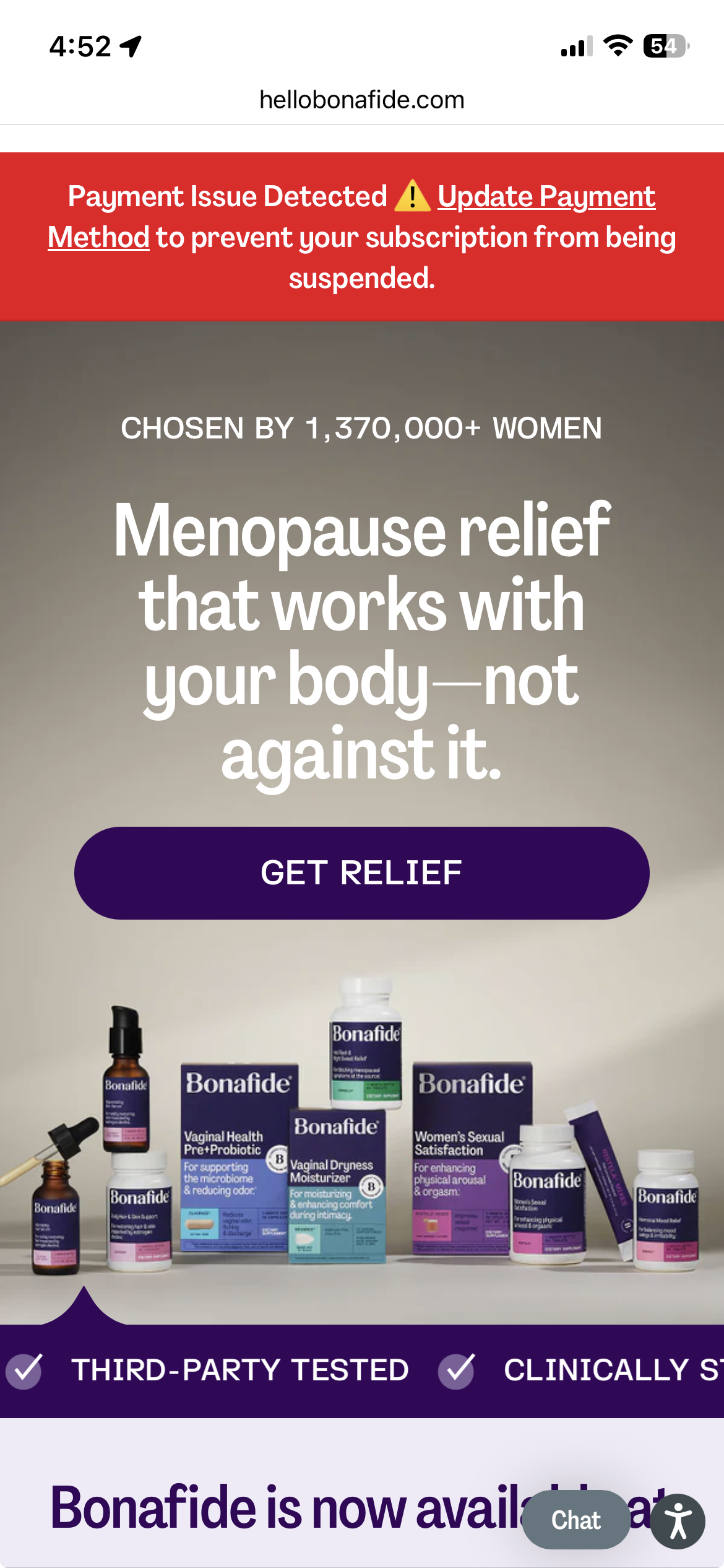 Payment issue banner example on a subscription site