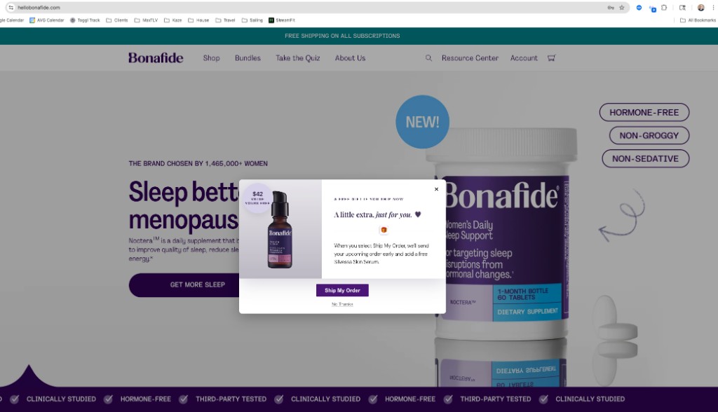 Bonafide subscription site showing a personalized on-site popup offer to ship an upcoming order early with a free gift